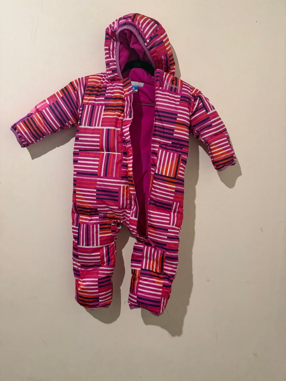 Columbia Pink Multi-Stripe Hooded One-Piece Snowsuit